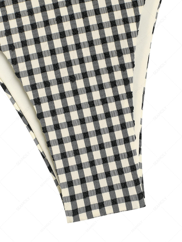 Vintage Black Plaid Picot Bowknot Cheeky Bikini Bottom