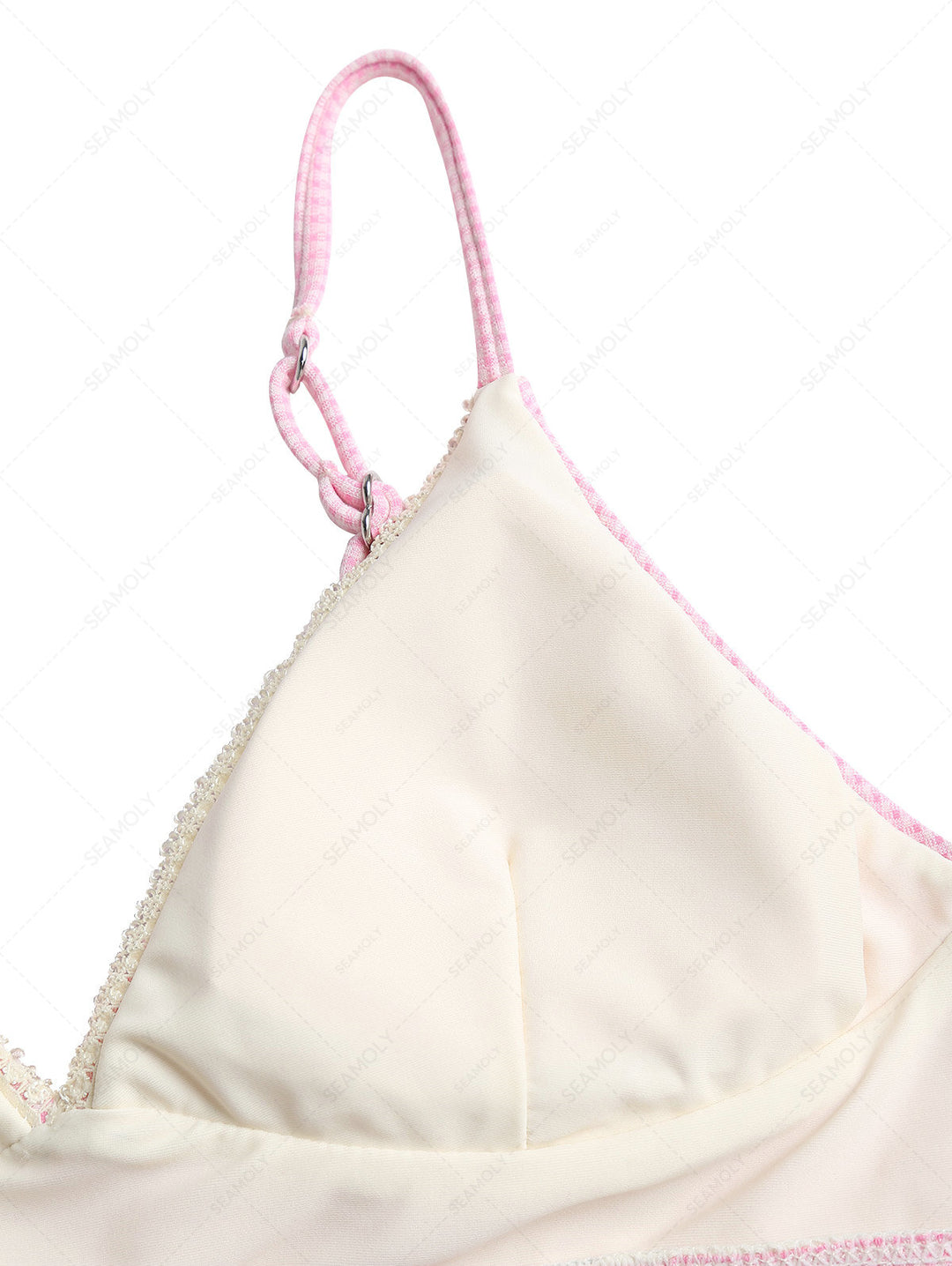 Light Pink Knitted Plaid Lace Bowknot Bikini Top