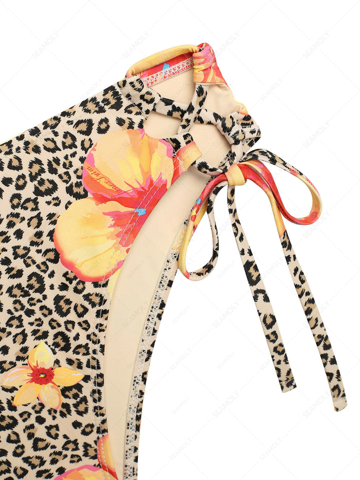 Leopard Floral Print Lace Up SideFull Coverage Bikini Bottom