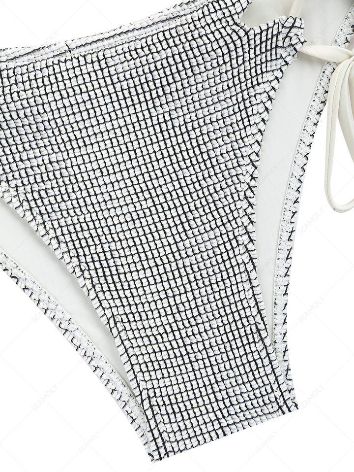 White Textured Fabric Lace Up Side Full Coverage Bikini Bottom