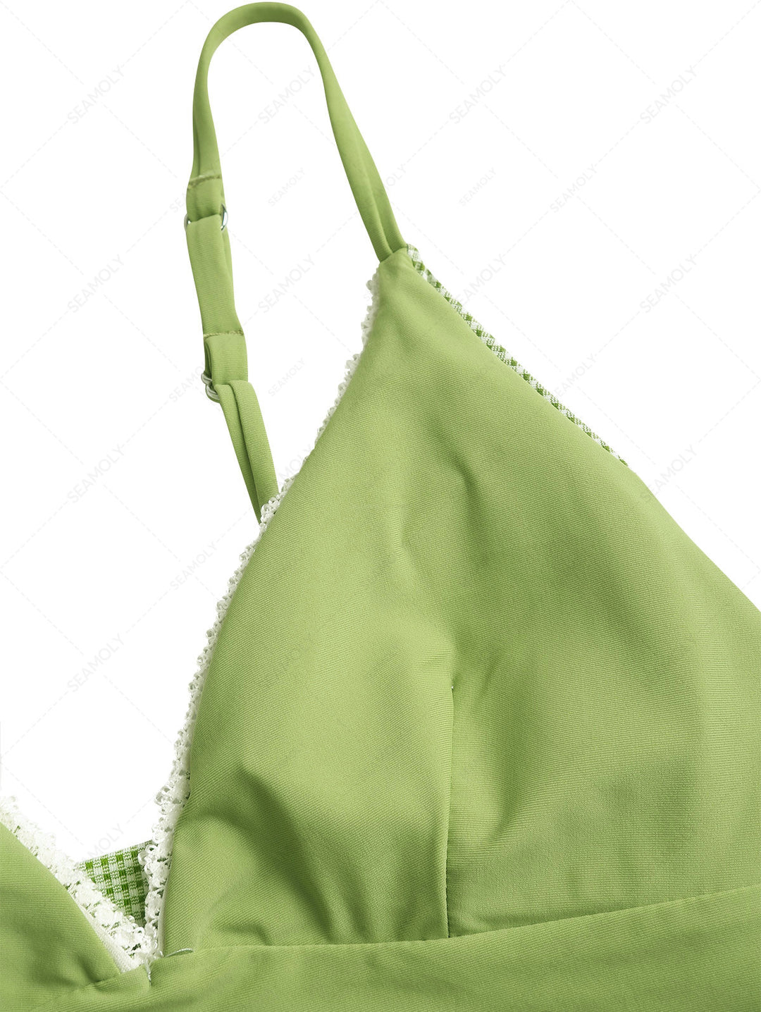 Green Gingham Lace Bowknot Plunging Neck Tankini Top
