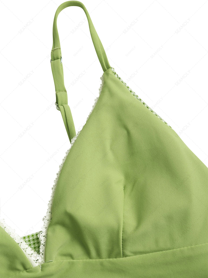 Green Gingham Lace Bowknot Plunging Neck Tankini Top