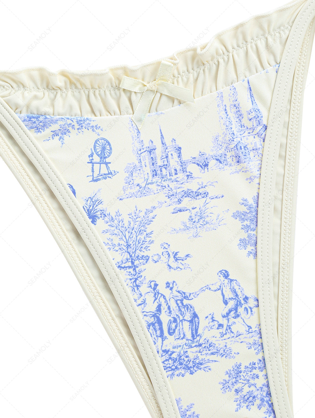 Crystal Cream Toile de Jouy Spliced Ruched Ruffles Cheeky Bikini Bottom
