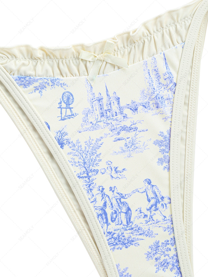 Crystal Cream Toile de Jouy Spliced Ruched Ruffles Cheeky Bikini Bottom