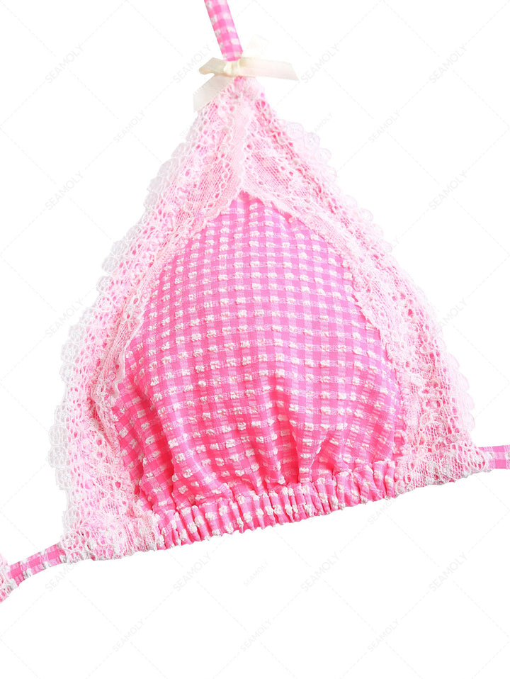 Light Pink Bubble Grid Lace Bowknot Halter Triangle Bikini Top