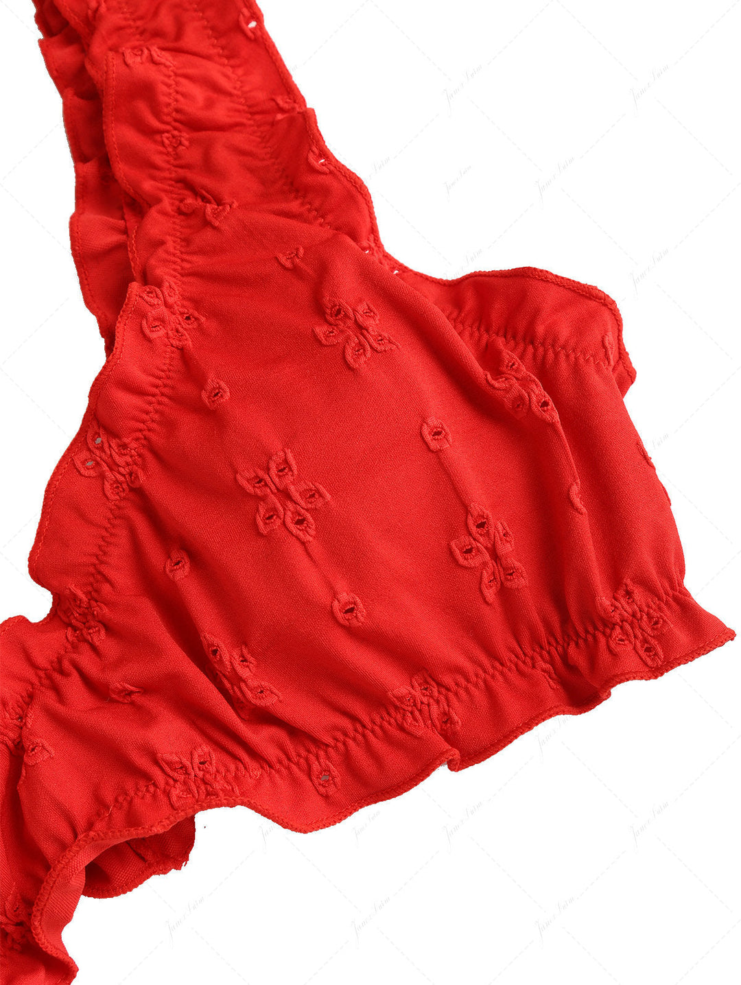 Red Recycled Fabric Jacquard Ruffles Edge Bralette Bikini Set