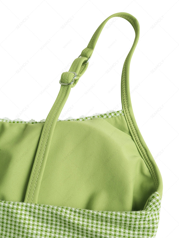 Green Gingham Lace Bowknot Cami Tankini Top