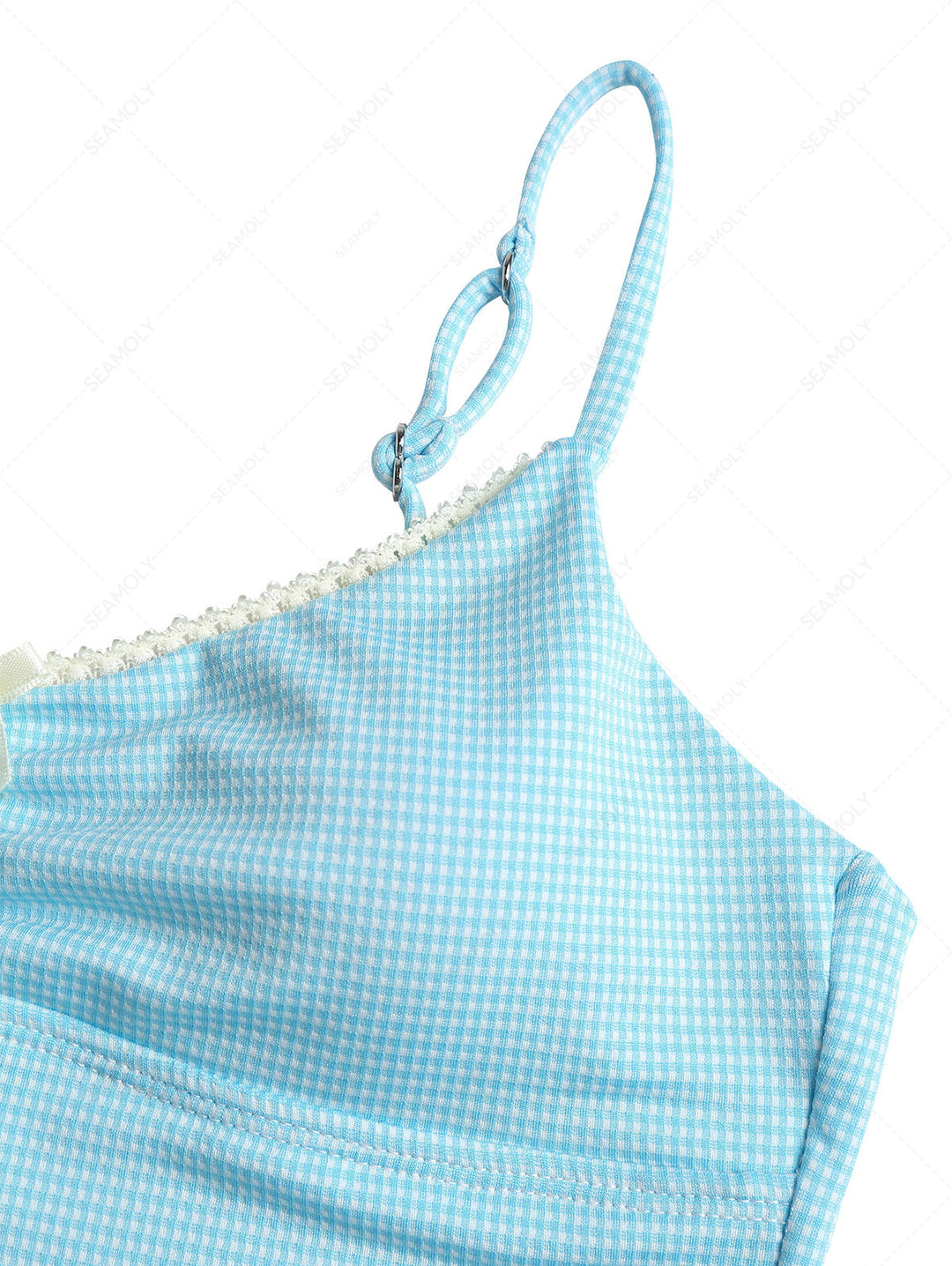 Sky Blue Plaid Ruched Lace Bowknot Cami Tankini Top