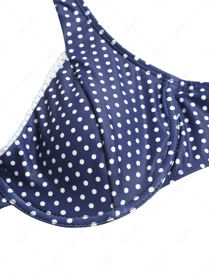 Deep Blue Polka Dot Lace Bowknot Underwire Bikini Top