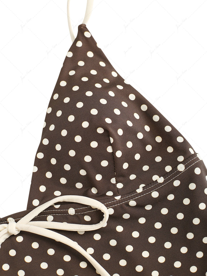 Deep Coffee Polka Dot Bowknot Cami Tank Top & Cheeky Brazilian Bottom Tankini Set