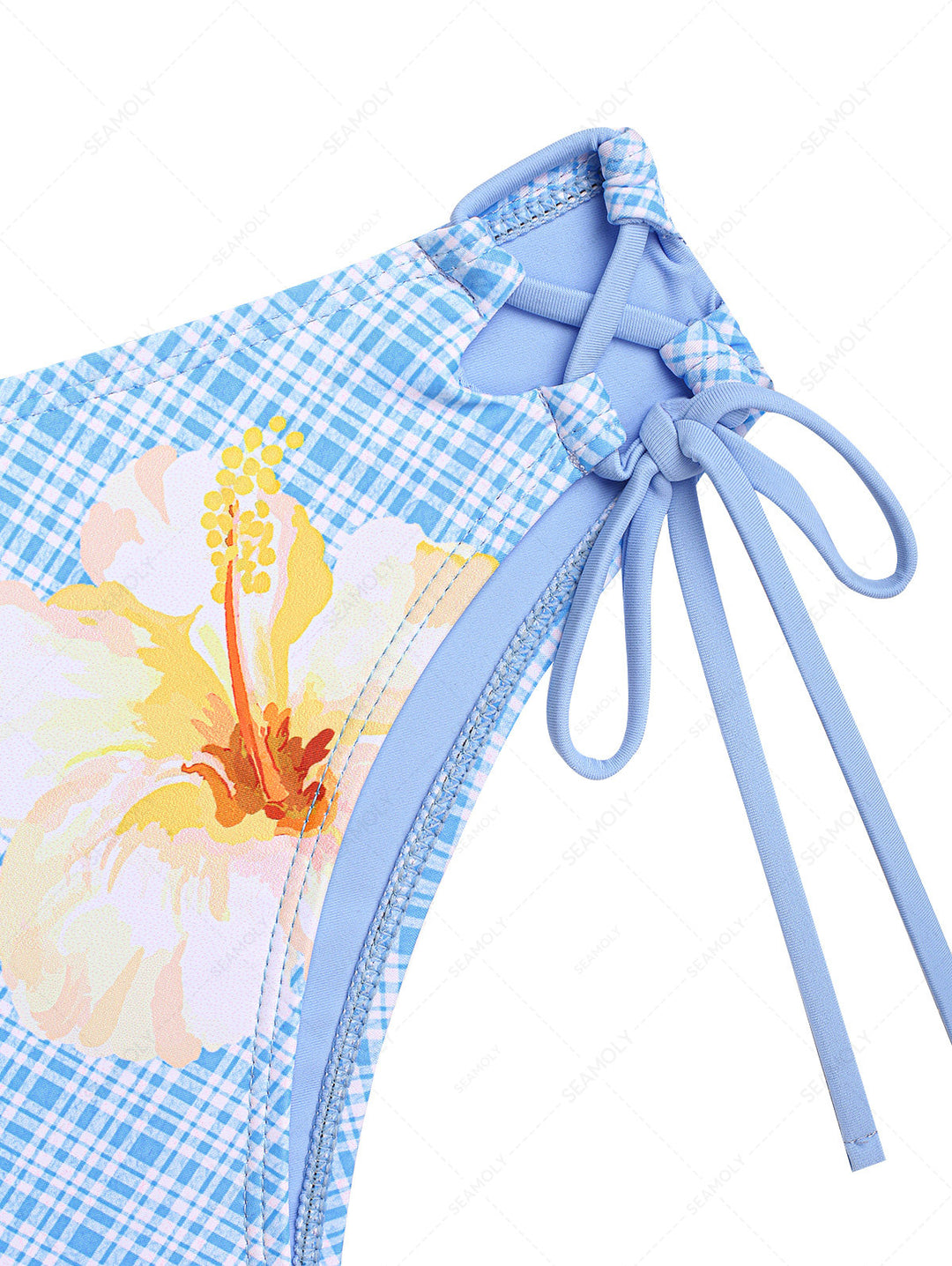 Light Blue Plaid Floral Lace Up Side Coverage Bikini Bottom