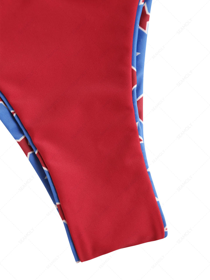 Seamolly 3 Piece Swimsuit - Stars Print O Ring Double Layer Bikini Set for 4th of July & Cover Up Skirt