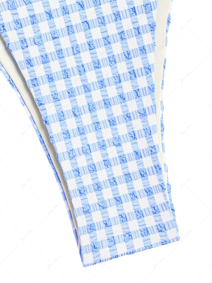 Light Blue Bubble Grid Textured O Ring Double Layer Bikini Set