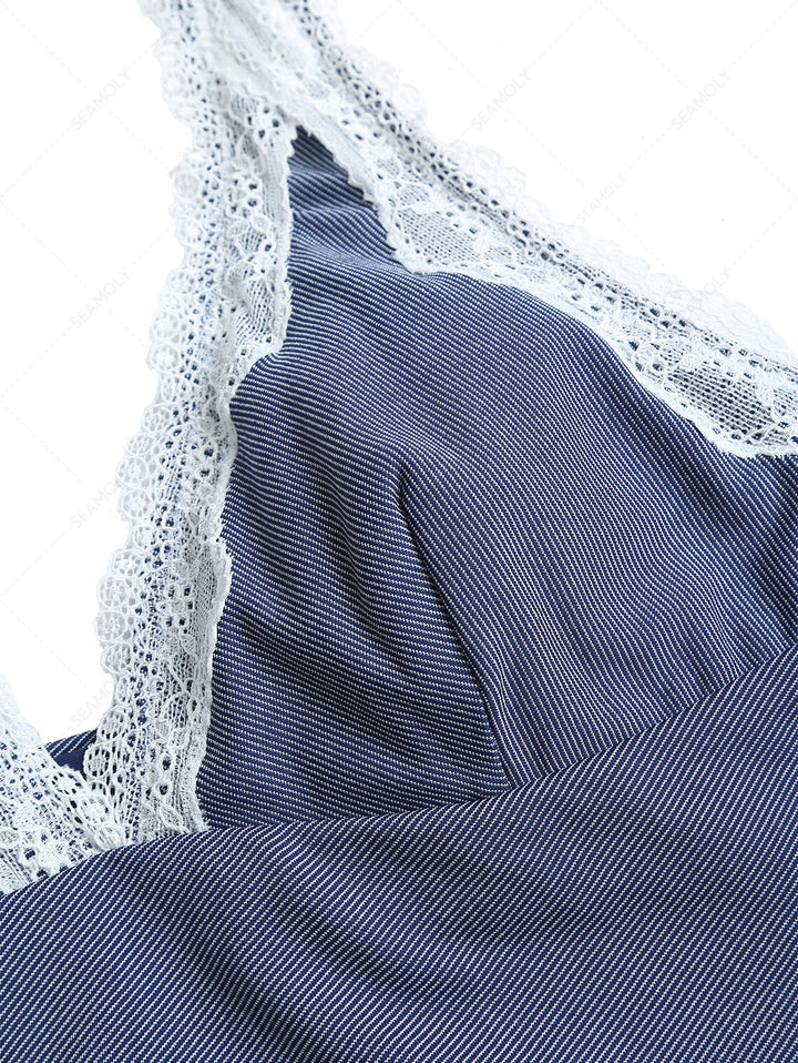 Deep Blue Denim Lace Plunging Neck Halter Tied Tankini Top