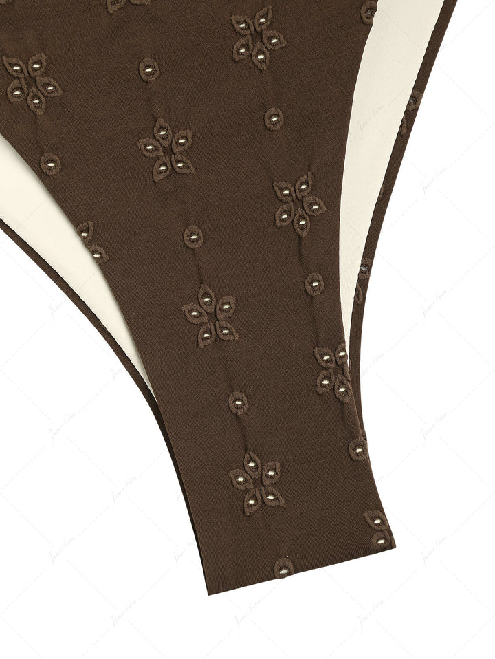 Deep Coffee Recycled Fabric Jacquard Ruched Bralette Top & Cheeky Brazilian Bottom Bikini Set