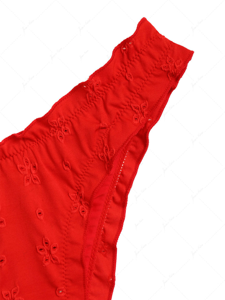 Red Recycled Fabric Jacquard Ruffles Edge Bralette Bikini Set