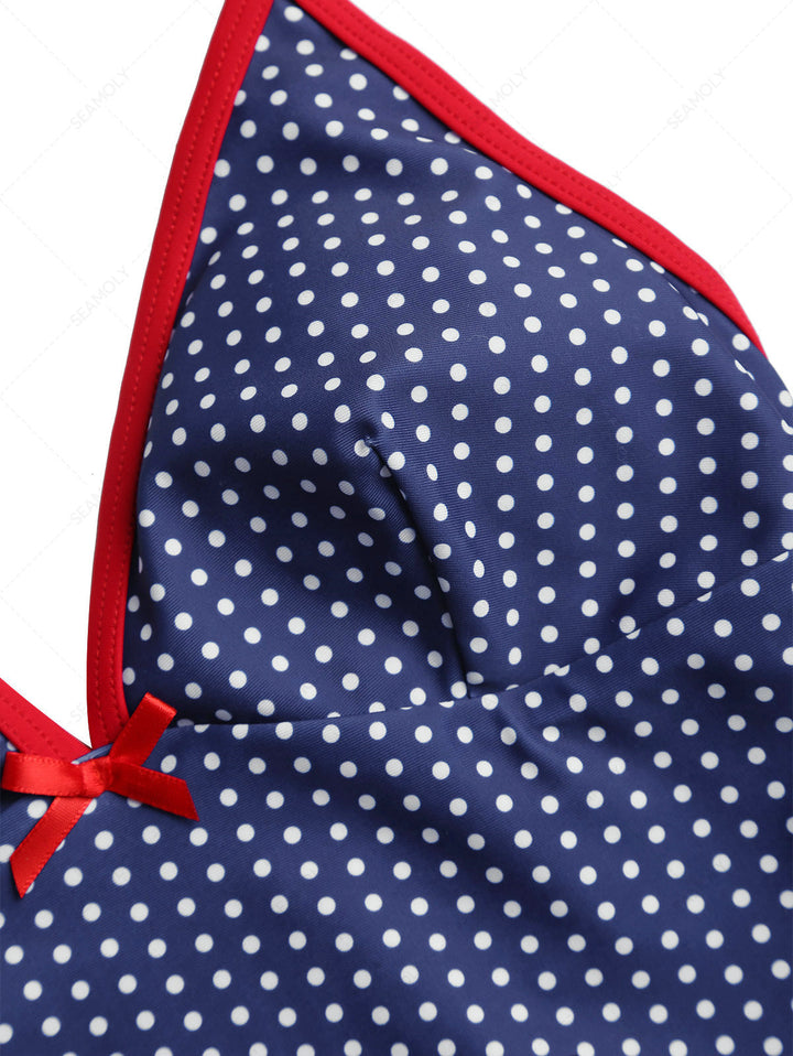 Deep Blue Polka Dot Contrast Bowknot Halter Tied Tankini Top