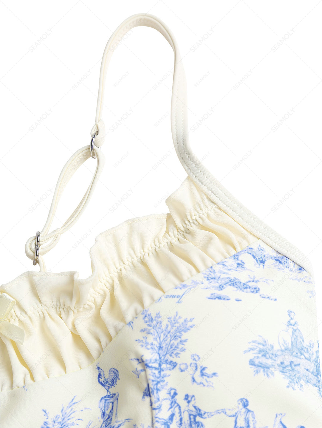 Crystal Cream Toile de Jouy Spliced Ruched Ruffles Bikini Top