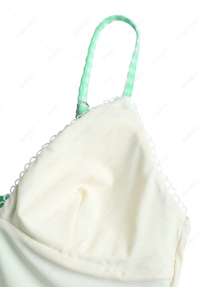 Green Bubble Grid Picot Trim Bowknot Tankini Top