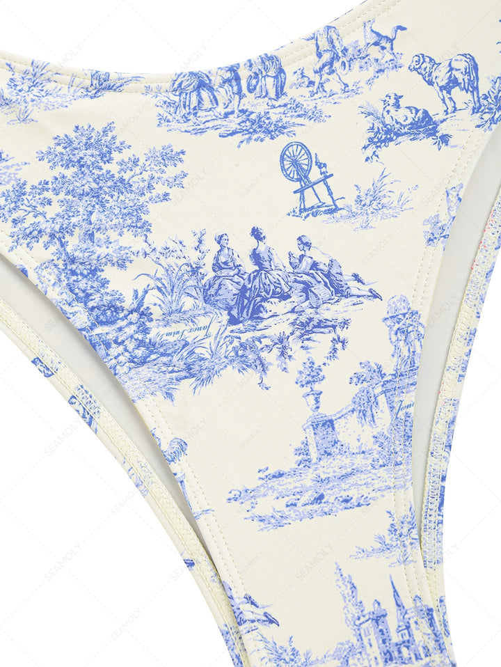 Crystal Cream Toile de Jouy Cinched Tie Side Hipster Bikini Bottom