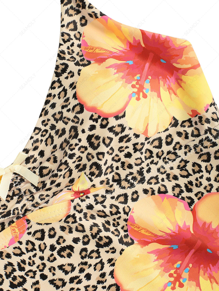 Leopard Floral Print Bowknot Tankini Top