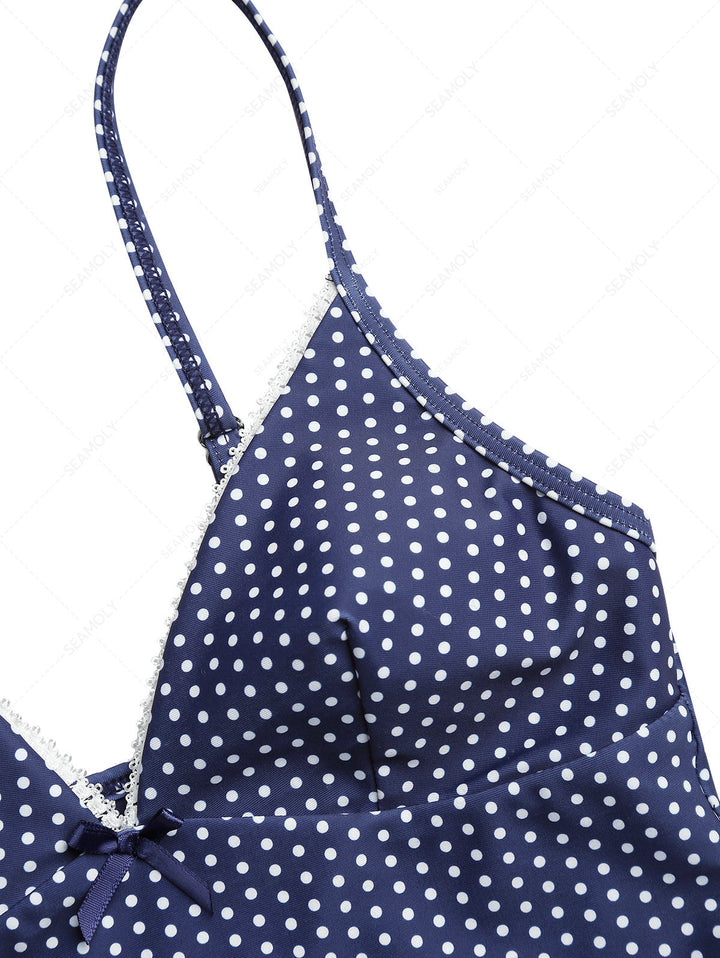 Deep Blue Polka Dot Lace Bowknot Tankini Top
