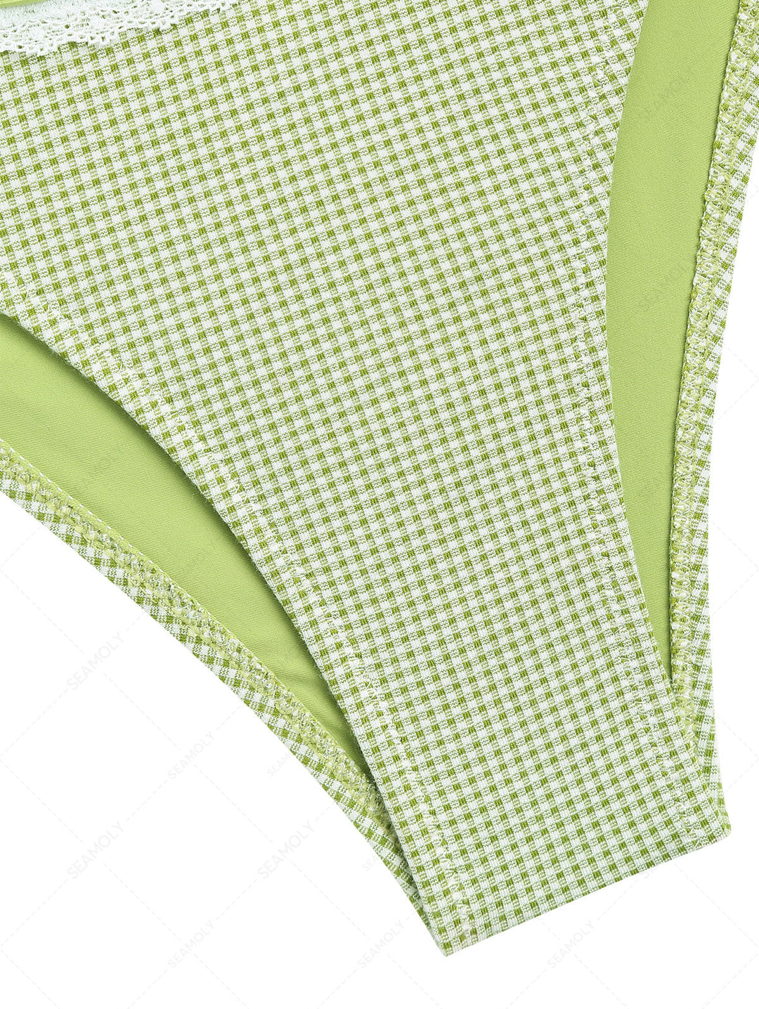 Green Gingham Lace Bowknot Cinched Tie Side Hipster Bikini Bottom
