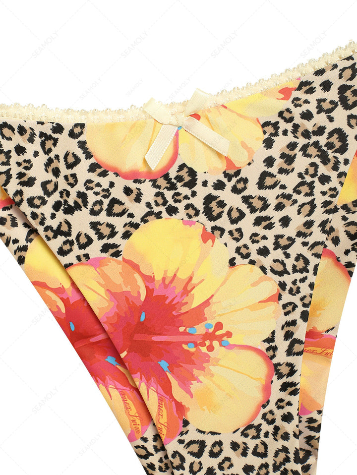 Leopard Floral Print Lace Bowknot Tie Side Cheeky Bikini Bottom