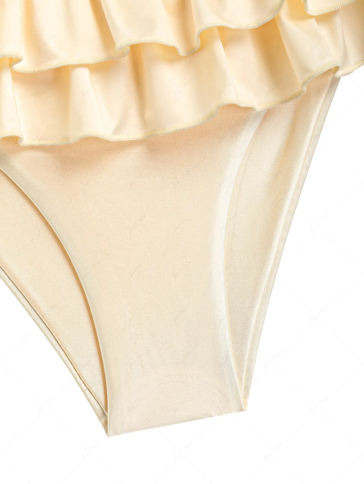 Champagne Satin Solid Color Ruched Halter Triangle Skirtini Bikini Set
