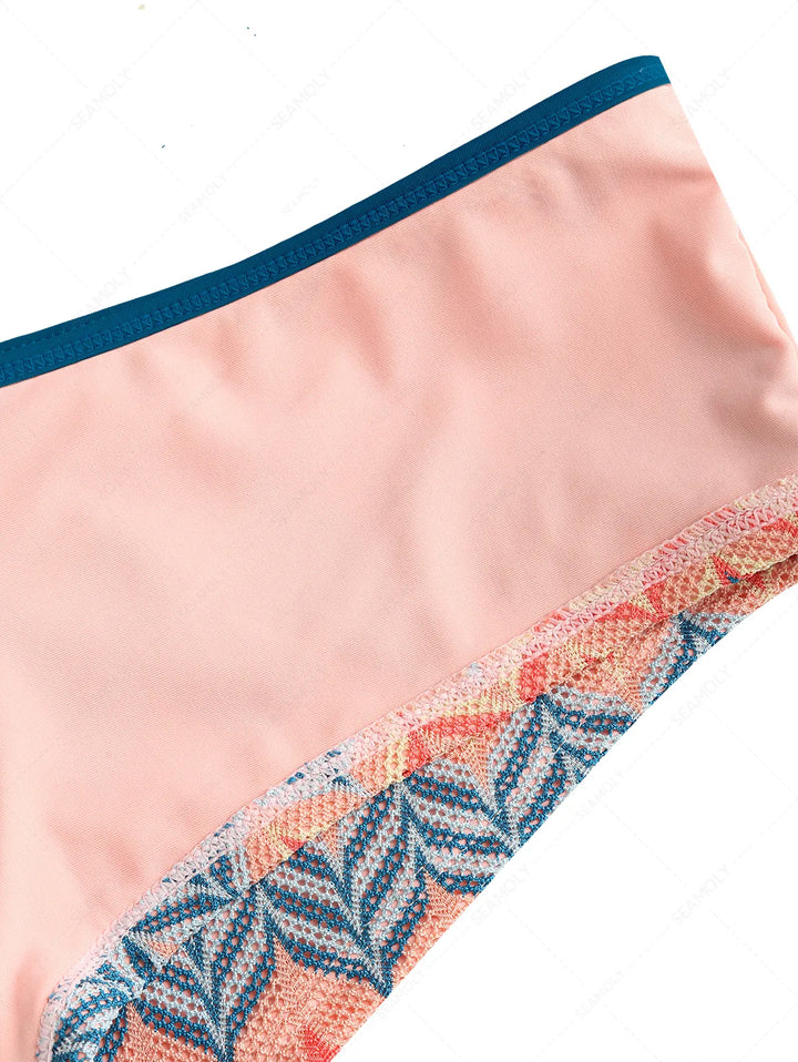 Seamolly Geometric Open-knit Textured Bralette Cheeky Boyshorts Bikini Set