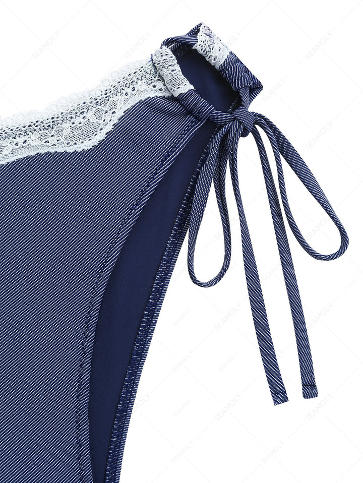 Deep Blue Denim Lace Cinched Tie Side Hipster Bikini Bottom