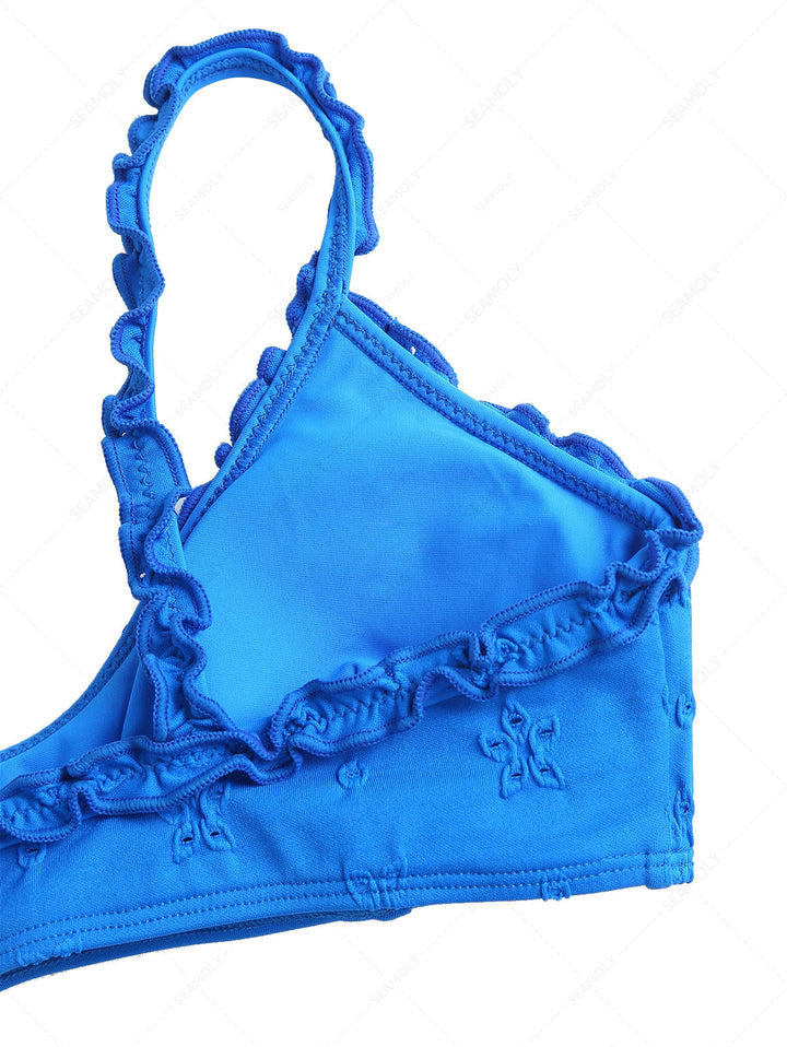 Blue Recycled Fabric Jacquard Ruffles Tank Style Bikini Top