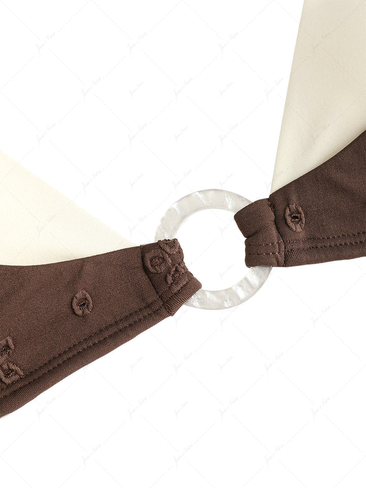 Deep Coffee Recycled Fabric Eyelet Jacquard O Ring Double Layer Top & Cheeky Boyshorts Bikini Set