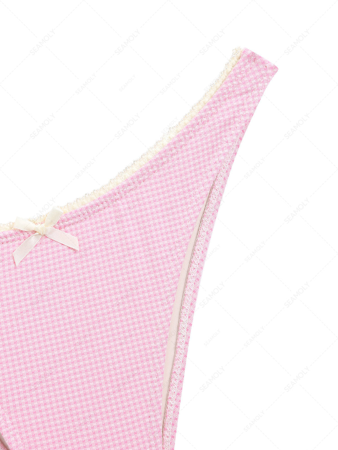 Light Pink Knitted Plaid Lace Bowknot Cheeky Bikini Bottom