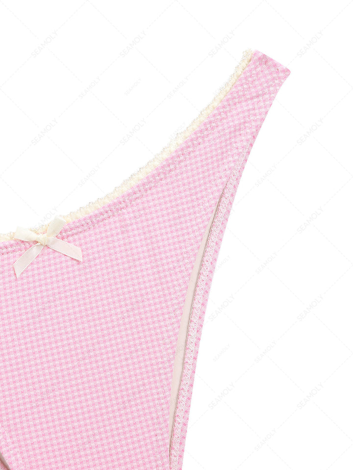 Light Pink Knitted Plaid Lace Bowknot Cheeky Bikini Bottom