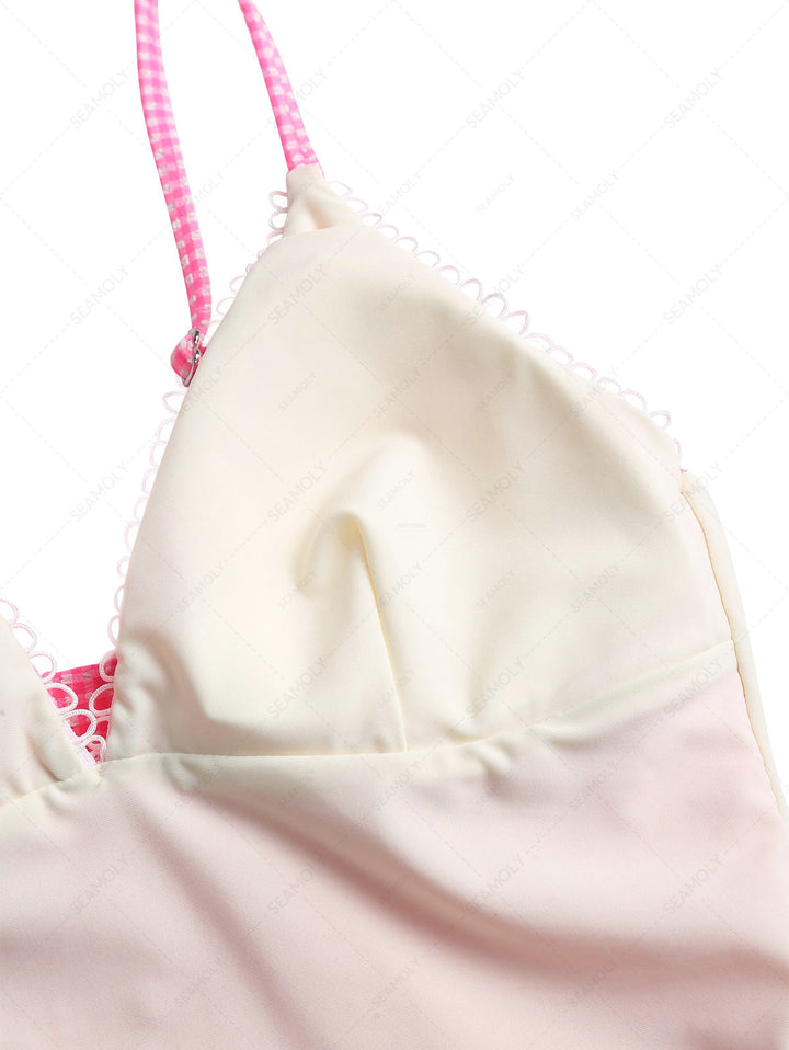 Light Pink Bubble Grid Picot Bowknot Tankini Top