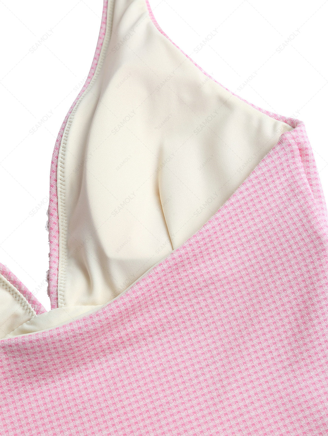 Light Pink Knitted Plaid Lace Plunging Neck Halter Tankini Top