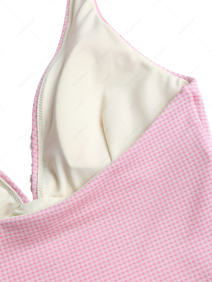 Light Pink Knitted Plaid Lace Plunging Neck Halter Tankini Top