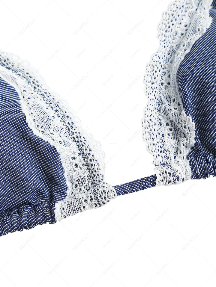 Deep Blue Denim Lace Bowknot Halter Triangle Bikini Top