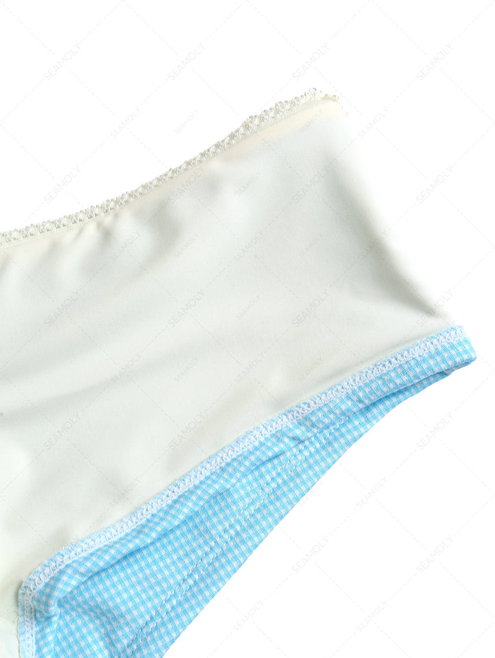 Sky Blue Knitted Plaid Lace Low Rise Beach Swim Bottom Boyshorts
