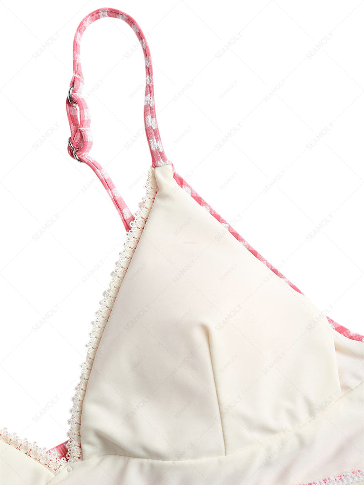 Red Bubble Grid Lace Bowknot Tank Style Bikini Top