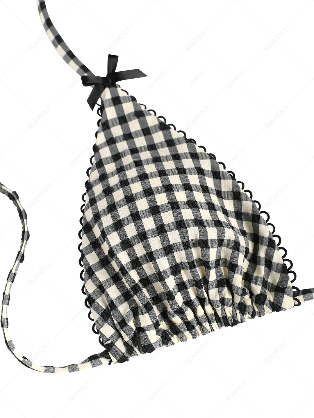 Vintage Black Plaid Picot Bowknot Halter Triangle Bikini Top