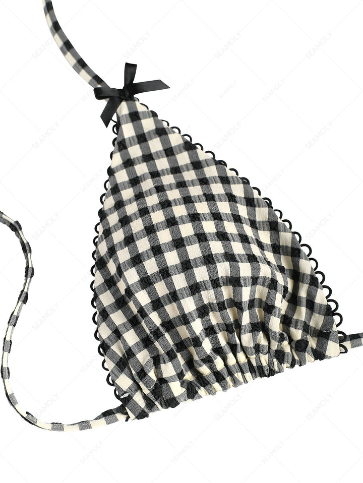 Vintage Black Plaid Picot Bowknot Halter Triangle Bikini Top