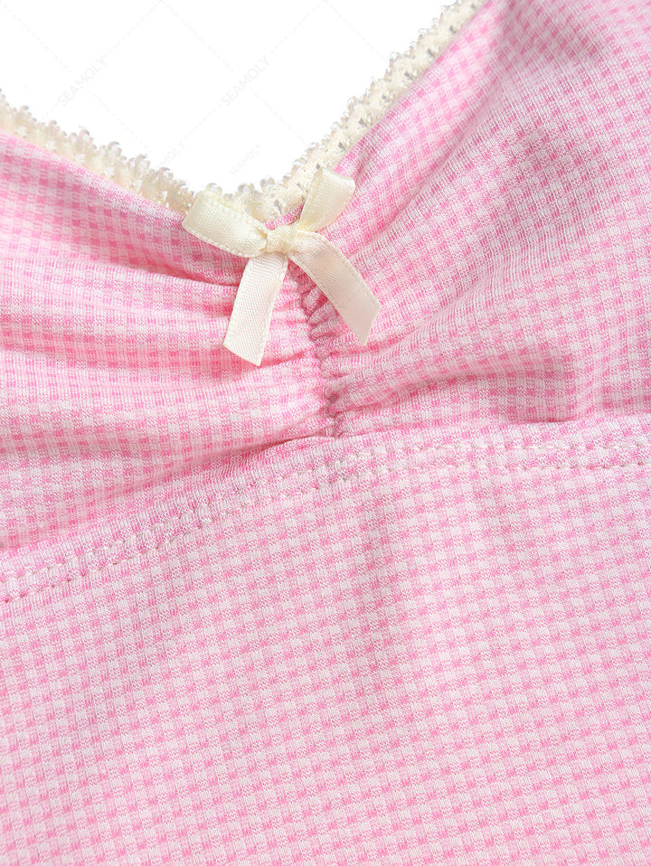 Light Pink Knitted Plaid Lace Bowknot Tankini Top