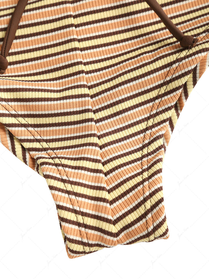 Yellow Ribbed Knit Striped Bowknot Bikini Bottom Cheeky Swim Boyshorts