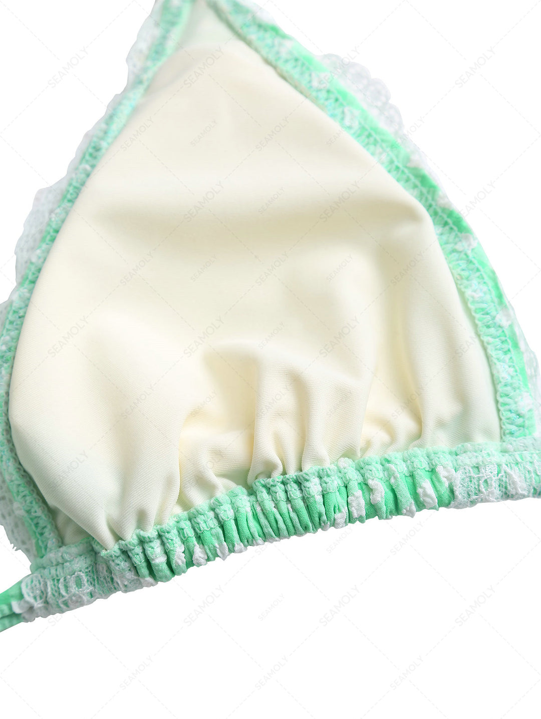 Green Bubble Grid Lace Bowknot Halter Triangle Bikini Top