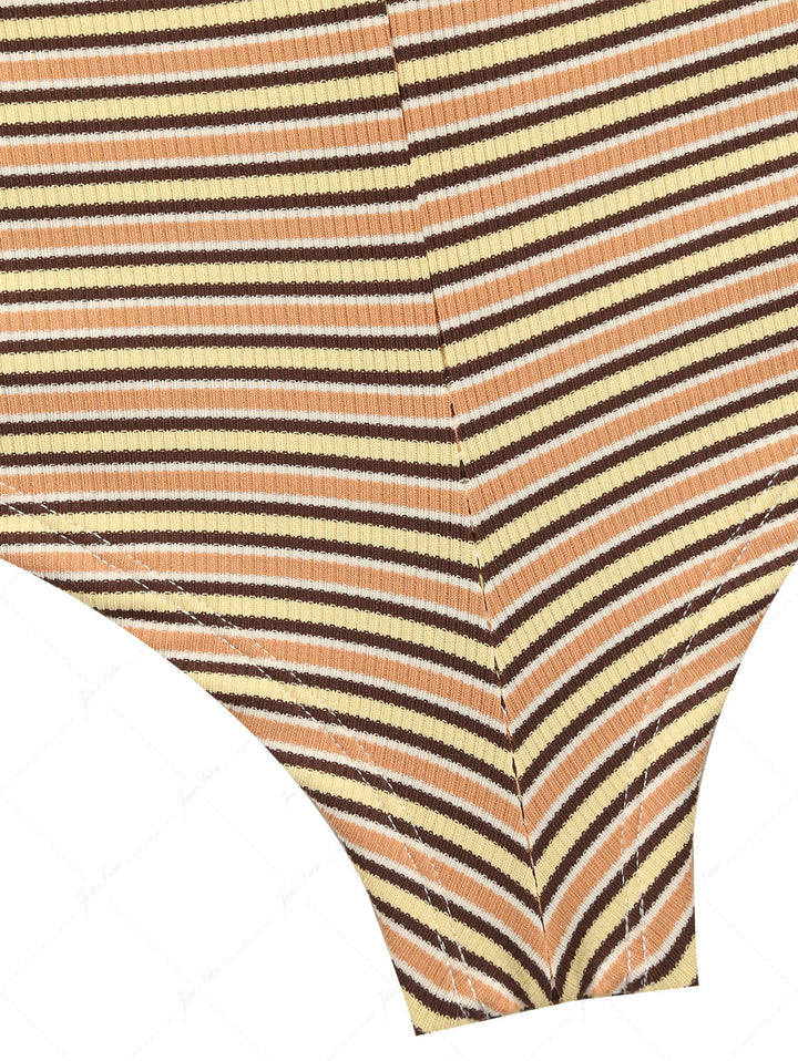 Yellow Ribbed Knit Striped Triangle Push Up Top & Cheeky Boyshorts Bikini Set