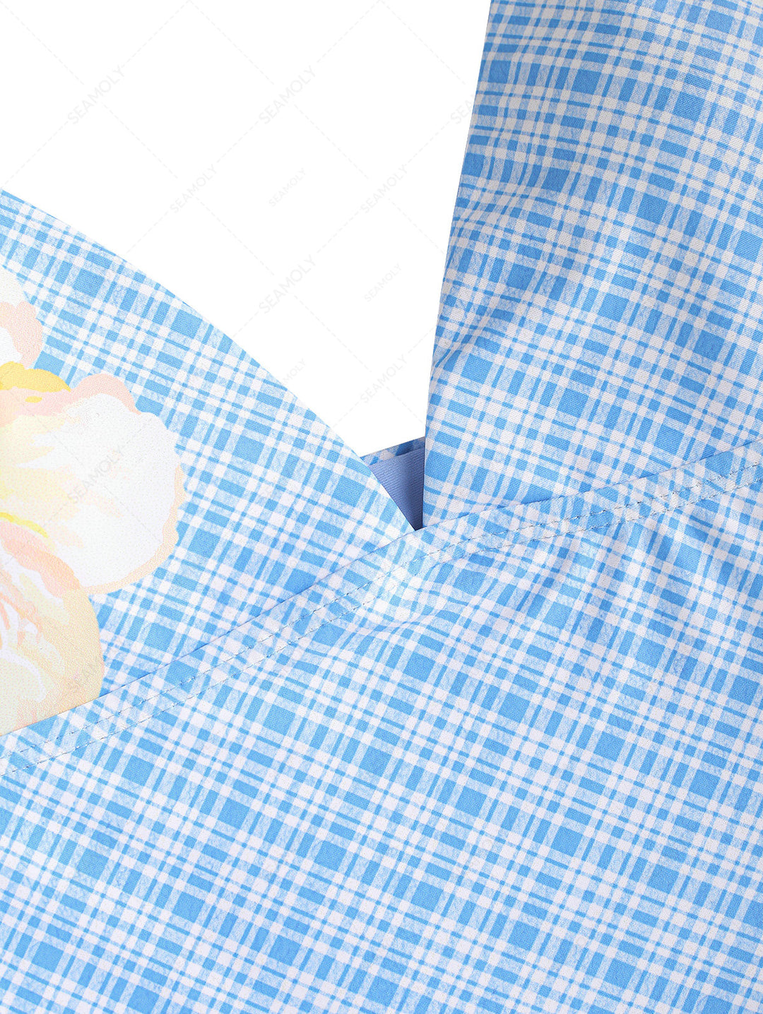 Light Blue Plaid Floral Halter Tied Tankini Top