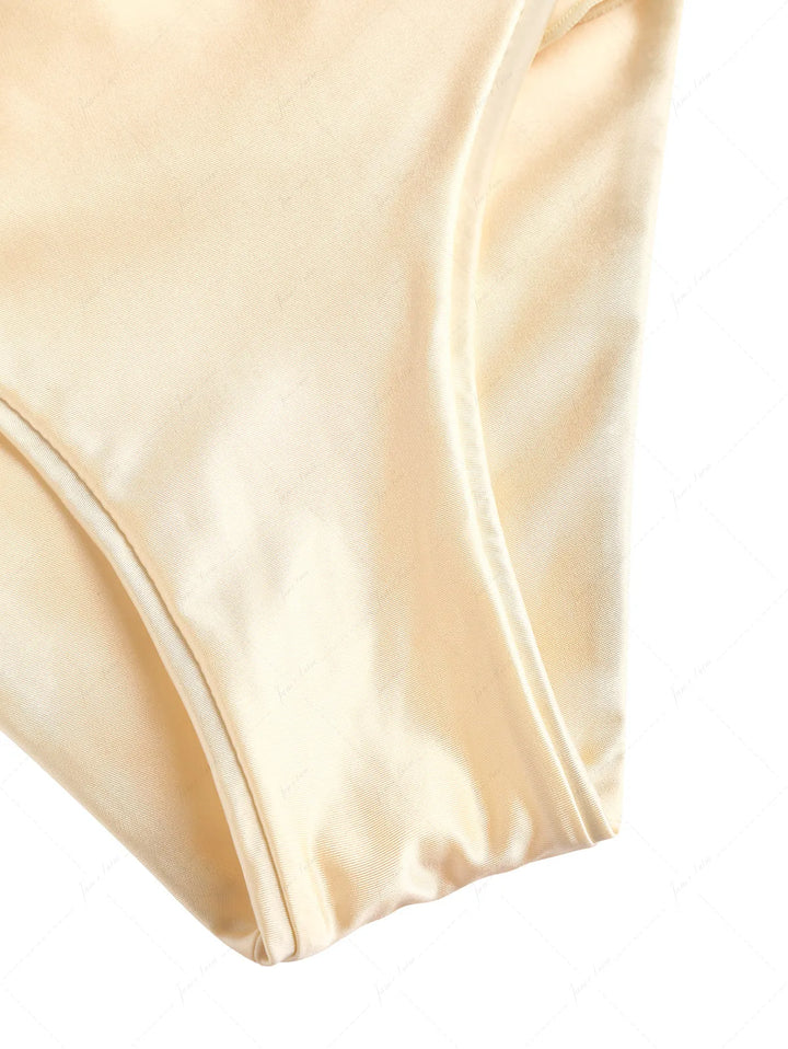 Champagne Satin Solid Color Ruched Bralette Layered Ruffles Skirtini Bikini Set