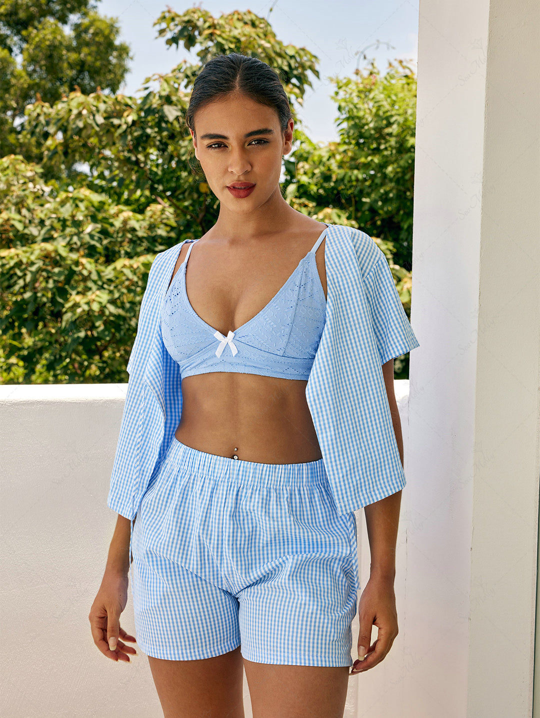 Blue Gingham Cinched Tied Beach Top with Wide Leg Shorts Set